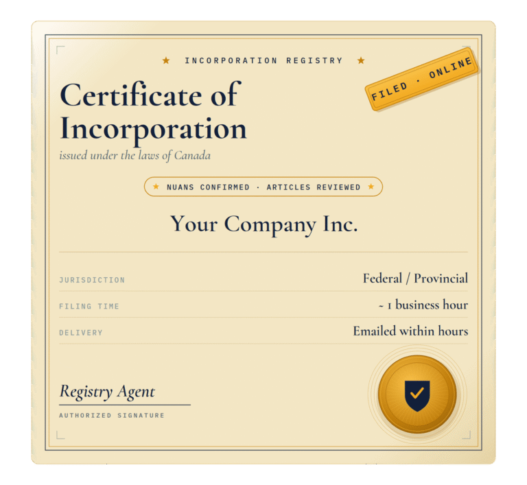 Certificate of Incorporation issued under the laws of Canada by Incorporation Registry